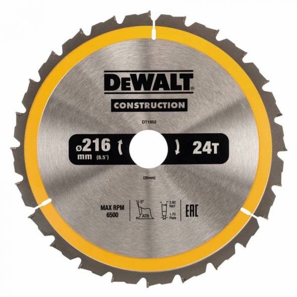 Диск пильний CONSTRUCTION DeWALT DT1952, 216 мм 30 мм; 24
