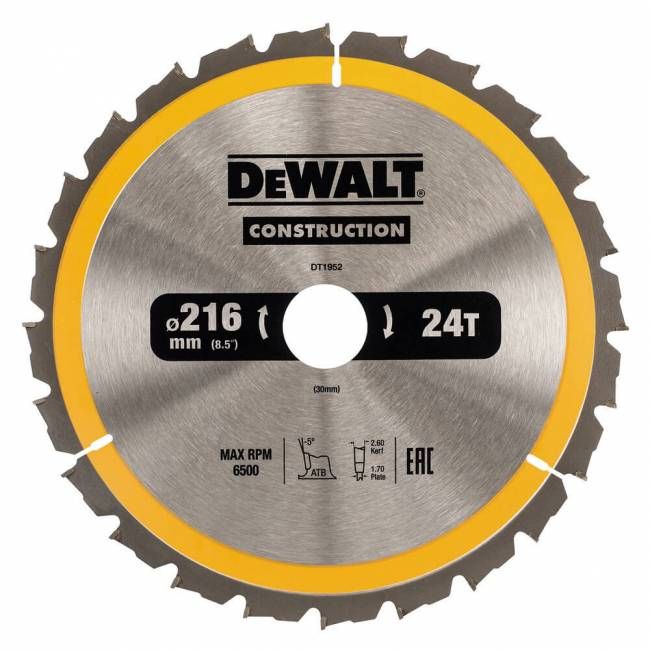 Диск пильний CONSTRUCTION DeWALT DT1952, 216 мм 30 мм; 24